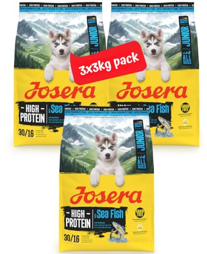 JOSERA High Protein Seefisch | 3 x 3 kg | Trockenfutter für Junge Hunde | Junior | Lachs & Süßkartoffel | Getreidefreies Premiumfutter für aktive Hunde | proteinreich | L-Carnitin & Taurin