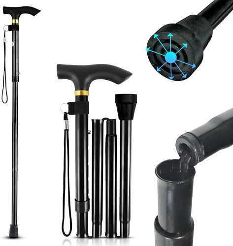 YNR Walking Sticks for Women & Men - Foldable Walking Stick & Adjustable to Five Levels, Lightweight, Absorbing Base, Ergo Grip, Walking Cane with Pivot Tip for Seniors & Adults | (Black)