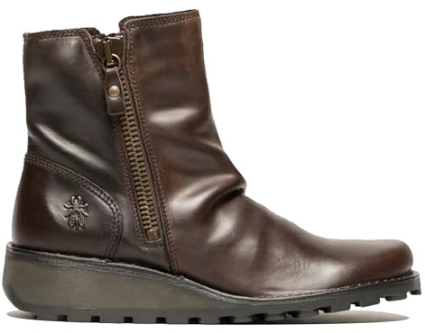 Fly Womens Brown MON944 Leather Wedge Heel Ankle Zip Up Chelsea Boots