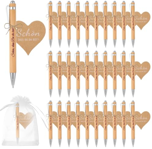 30 Sets Gastgeschenke Hochzeit, Bambus Kugelschreiber Personalisiert mit Gravur „Schön, dass Du da bist“, Kollegen Dankeschön Geschenke, Geschenkset für Hochzeit Kommunion Taufe Geburtstag Geschenk