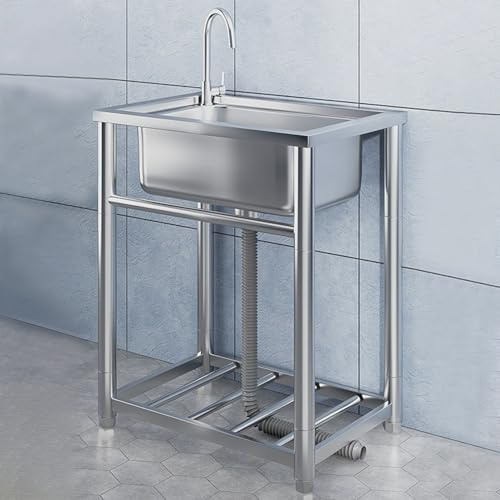 KCCRHIN Fregadero Independiente Acero Inoxidable Fregadero INOX Un Seno con Patas Fregadero De Cocina Multifunción, Lavabo Móvil Exterior con Tubo De Drenaje Y Grifo Frío,53x40x75cm