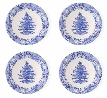 Spode x Blue Italian Christmas Tree 4-Piece Bowl Set (20cm) – Festive Blue & White Earthenware Cereal Bowls for Breakfast, Soup and Holiday Dining