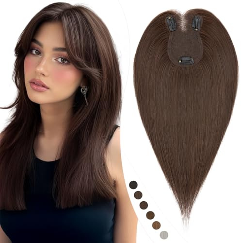 Elailite Haartopper Echthaar Clip in Haarteil Dunkelbraun, 25cm Real Human Haar Topper Damen mit Vorhangpony Haarteile (Silk Lace 8x11.5cm) 27g #2