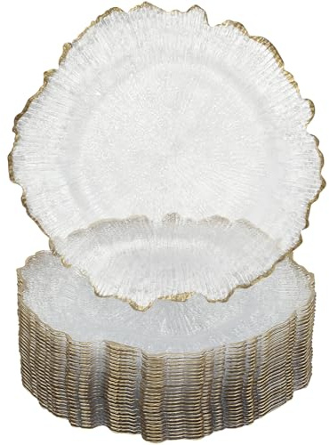 LOYALHEARTDY 25 Pack 13 Inch Charger Plates, Clear Plastic Reef Rim Charger Plates with Gold Rim, Round Decorative Underplates for Wedding, Party, Dinner Table