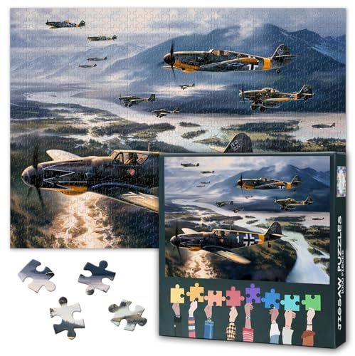 1000 Teile Puzzle für Erwachsene Bf 109 Kampfflugzeug im Luftkampf WWII Deutsche Kriegsmaschine Militär Kunst 27,5 x 19,7 Zoll