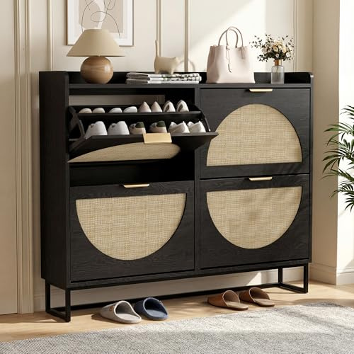 BonVache Schuhkommode mit 4 Klappfächern, Großer Rattan Schuhschrank Schmal Holz, Schuhaufbewahrung mit Stauraum Für Flur Eingangsbereich, Wohnzimmer, Schlafzimmer, 120x24x95cm, Schwarzer