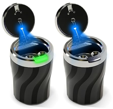 2 Stück Auto Aschenbecher mit Deckel, Versiegelt, Geruchsdicht | Automatisches LED Licht, Flammhemmend, Abnehmbar, Draussen, Großem Fassungsvermögen
