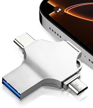 Ghekkli Chiavetta USB da 128 GB per iPhone e Android – 4 in 1 Flash Drive per Smartphone Tablet e PC – Memoria esterna per il backup di foto e video – Argento
