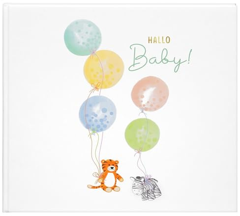 goldbuch 50 499 Babytagebuch Hoch Hinaus, Babyalbum 24,5 x 22,5 x 3,5 cm | Weißes Tagebuch für Babys mit Kunstdruck-Motiv Tiere mit Luftballons, Babyalbum mit 100 illustrierten Seiten, Made in Germany