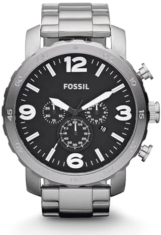 Fossil Orologio Nate da uomo, movimento cronografo al quarzo, cassa in acciaio inossidabile da 50 mm con bracciale in acciaio inossidabile, JR1353, Tono argento