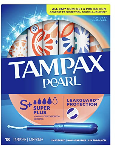 Tampax Pearl Tampons with Plastic Applicator, Super Plus Absorbency, Unscented, 18 Count