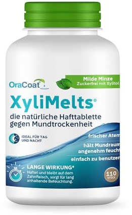 XyliMelts Milde Minze 110 Stück [VORTEILSPACKUNG] - Hafttabletten gegen nächtliche Mundtrockenheit - befeuchten im Schlaf den Mund 4-8 Stunden - dezenter Minzgeschmack - gegen trockenen Mund
