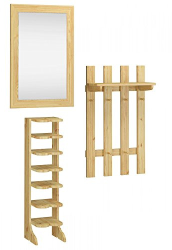 Erst-Holz Garderobenset Schuhregal Wandspiegel Hängegarderobe Flurmöbel Massivholz Kiefer 90.80-11-Set