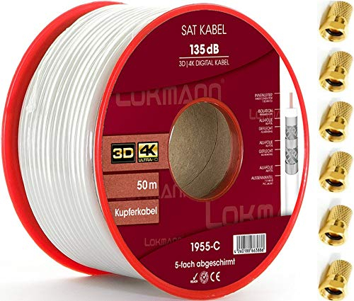 50m Reines-Kupfer 135dB 5-Fach geschirmt Koaxialkabel Koax Sat Kabel Antennenkabel TV Cable Satellitenkabel Full HD, UHD, 4K, 8K + 10 F-Stecker