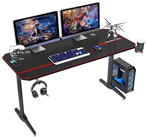 sogesfurniture Mesa de Juegos para computadora, Ergonomic Gaming Desk Mesa de Juegos para PC con Portavasos y Gancho para Auriculares, 140x65x75cm, Negro ST-Eagle-1400BK-BH