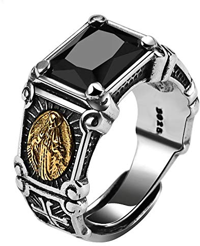 CYSJ Ring, Vintage, echtes 925er Sterling-Silber, Ring aus schwarzem Stein, für Herren und Damen, Jungfrau, Maria, Zirkonia, Onyx, offene Größe
