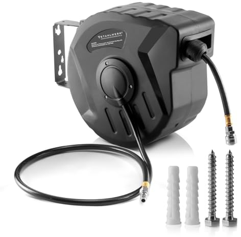 Tambor de aire comprimido STAHLWERK de 10+1 m con rebobinado automático, hasta 8 bar, acoplamiento rápido estándar, función de encaje, carcasa de plástico robusta, juego de montaje en pared