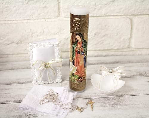 Beautiful Handmade 5 Piece Color Gold Guadalupe Foil Baptism Christening Shells Candle Set Favors Girl Boy White Set de Bautizo Espanol Nina Nino Baptism Communion Lace Gift Box