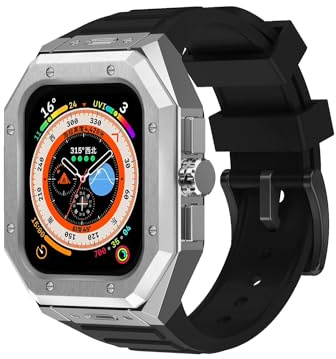 Enze – Coque en acier inoxydable compatible avec Apple Watch Series 7 45 mm 6/5/4 iWatch SE 44 mm pour homme – Coque de protection robuste en métal résistant aux bracelet Acier inoxydable Silicone