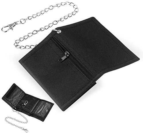 Photect Cartera de RFID de Hombre Niño Niña Cartera con Cadena de Seguridad Clip Cremallera Monedero Triple Billetera Delgada para Viaje Deportes Moneda, 12 x 8 x 1 cm (Negro, Simple)