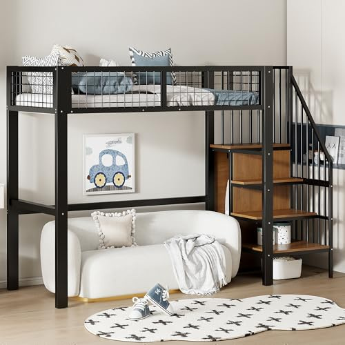 ZYLOYAL10 Hochbett 90 * 200 mit Leiter, Kinderbett mit Eisenrahmen und Aufbewahrungsregal, Kleiderschrank (Schwarz)