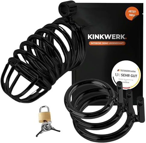 KINKWERK Peniskäfig aus Edelstahl | Chastity Cage für Männer | Drei Ringgrößen für perfekten Sitz inklusive Vorhängeschloss | Keuschheit, Chastity Belt, Cock Cage | BDSM, extrem (schwarz)
