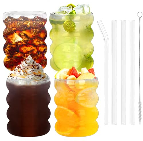 SUPRBIRD Gerippte Trinkgläser, 4er Kaffeegläser, 350ml Bubble Gläser, Gerippte Gläser Set, Universalgläser mit Glasstrohhalmen und Bürsten für Cocktail, Milch, Soda, Kaffee