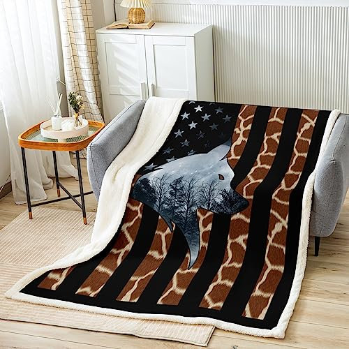 Manfei Coperta per bambini, motivo: lupo con bandiera americana, decorazione per camera da letto, per bambini, ragazze, adolescenti, con stampa con pelle di griaffe, coperta in pile morbida e