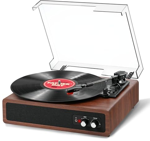 Plattenspieler, FYDEE Vinyl Plattenspieler mit Eingebauten Stereo-Lautsprechern, Bluetooth Schallplattenspieler mit Sender, 3 Geschwindigkeiten 33/45/78 RPM, Unterstützt RCA und AUX, Nussbaum