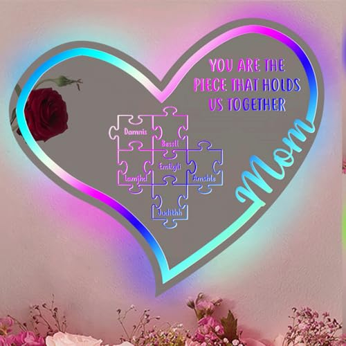 ASD Jewerly Personalisiertes Herz-Spiegel-Puzzle-Licht, individuelle Muttertags-LED-Spiegel-Puzzle-Lampe, Mutter-Puzzle-Herzschild, Muttertags-Puzzle-Nachtlicht-Dekoration, Puzzle-Geschenke für Mama