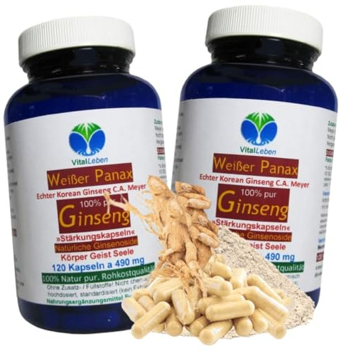 KOREA weißer PANAX GINSENG C.A. Meyer 240 (2x120) Pulver Kapseln OHNE ZUSATZSTOFFE 100 % Natur pur ca. 20 % Ginsenoside. Traditionell geschätzt für Vitalität, Fokus & Ausdauer. 26775-2