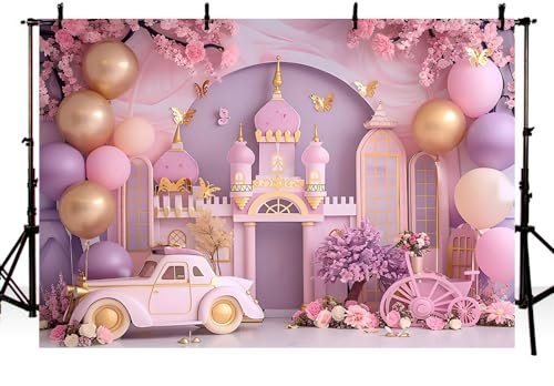 MEHOFOND Toile de fond pour photographie d'anniversaire de fille - 2,1 x 1,5 m - Château de ballon rose - Voiture - Papillon - Fleur - Portrait - Princesse - Décoration de fête - Bannière