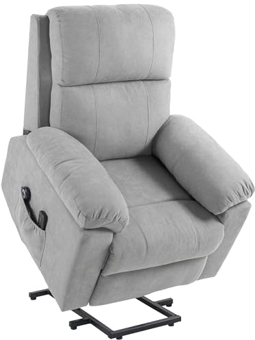 HOMCOM Fernsehsessel mit Aufstehhilfe Elektrisch, Relaxsessel mit Liegefunktion, Massagesessel mit Fernbedienung, Seitentasche und Fußteil, Leinenoptik für Wohnzimmer Hellgrau