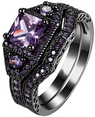 Kielsjajd 2 STÜCK Quadratisch Schwarz Lila Zirkonia Braut Strass Verlobungsring Schwarz Voller Zirkonia Solitär Ring 5 12 Filigrane Ringe Für Damen Set (Black, 10)