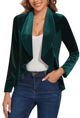 LADI TREND Damen-Blazer, Retro, Vintage, Samt, vorne offen, lange Ärmel, Rüschenbesatz, ungefüttert, normale Passform, für Büro, Meetings, gesellschaftliche Veranstaltungen, Cocktailpartys, L