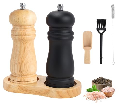 Foyucool Juego de Molinillo Pimienta Madera con Bandeja, 2 Molinillo Especias Manual, Grueso Ajustable, Rotor de Cerámica para Moler, para Chile, Lila, Pimienta, Sal, 6 Pulgadas, (Madera+Negra)