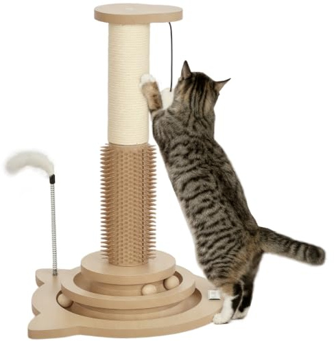 PawHut 49cm Cat Scratching Post with Interactive Track Ball for Indoors | Interactive Track Ball Toy, Self Grooming Brush, Hanging Toy Ball, Feather, 5 in 1 Cat Scratcher