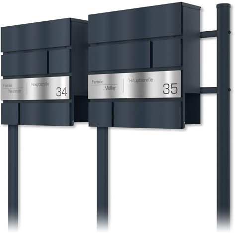 Graviers Design Doppelbriefkasten mit Anthrazit RAL 7016 Standfuß - Edelstahl Lasergravur Personalisierung Postkasten Name Straße Hausnummer - Briefbox mit Schloss Design 2