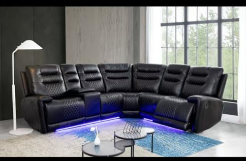 Halifax Leather Corner Sofa with Electric Recliners, LED Lights & Cupholders – Power Recliner with USB Charging Ports – Modern Black Living Room Sofa