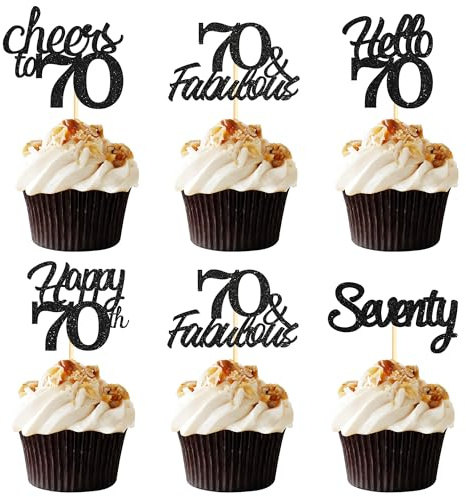 Sotpot 30 pack 70th Birthday Cupcake Toppers Hello 70 Cheers to 70 Years Cupcake Picks for 70th Birthday Anniversary Party Cake Decorations Black Glitter