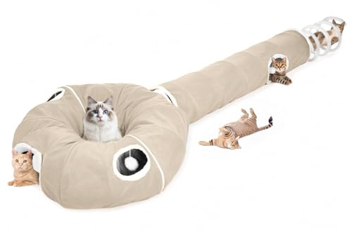Ownpets 2-in-1 Katzentunnel & Höhle, plüsch, 30cm Durchmesser | faltbares Tunnel-Bett, Plüschball, mehrere Ausgänge, für Katzen, Welpen, Kaninchen