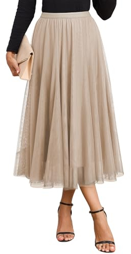 Happy Sailed Womens Skirts Tulle Elastic High Waisted Mesh Layered A-Line Flowy Long Skirts for Women Date Night Outfits Trendy 2026 Apricot Small