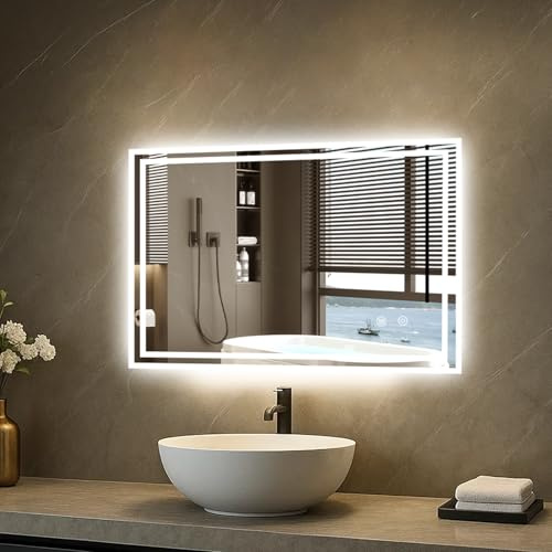 CROWNSHOP LED Bathroom Mirror 80x60cm with Touch Sensor Demister | Bathroom Mirror Waterproof IP54 5mm Explosion-Proof Glass, Detachable Plug, Memory Function, Horizontal/Vertical Wall-Mount