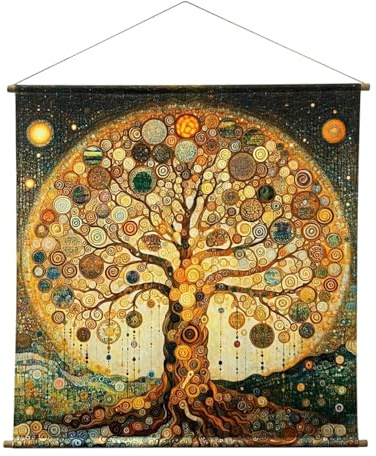 Générique Quadro su tela stampata con albero della vita arrotolabile su baguette in legno, 120 cm, colori caldi