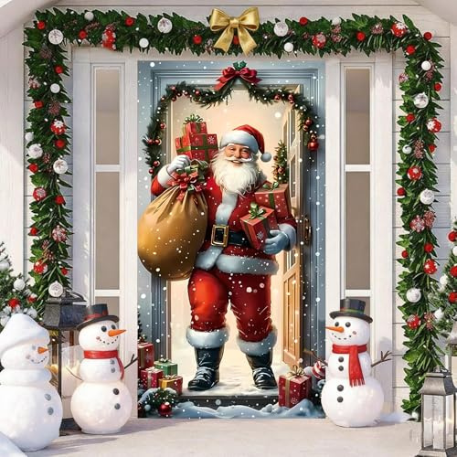 Weihnachten Tür Abdeckung Dekoration Weihnachtsmann Hängen Banner Hintergrund, Lebhafte und saisonale Foyer-Dekoration， Weihnachtsbanner für Haus Haustür Veranda Weihnachten Deko -35.4 x 70.8 in