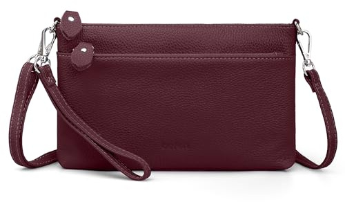 befen äkta läder handväska liten damer clutch RFID-blockering axelväska läder crossbody bag damer med handledsband och justerbar axelrem, vinröd, L: 24 cm, B: 3 cm, H: 15 cm