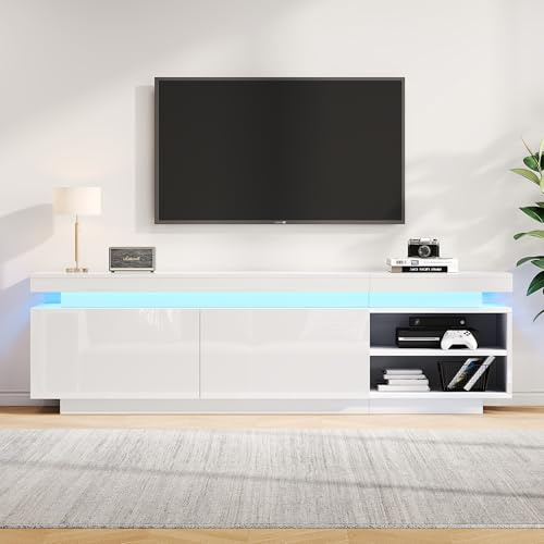 Kelodan Mueble de TV de alto brillo moderno con iluminación LED, adecuado para televisores de 70 pulgadas, soporte universal para videojuegos, armario de almacenamiento y gran espacio de