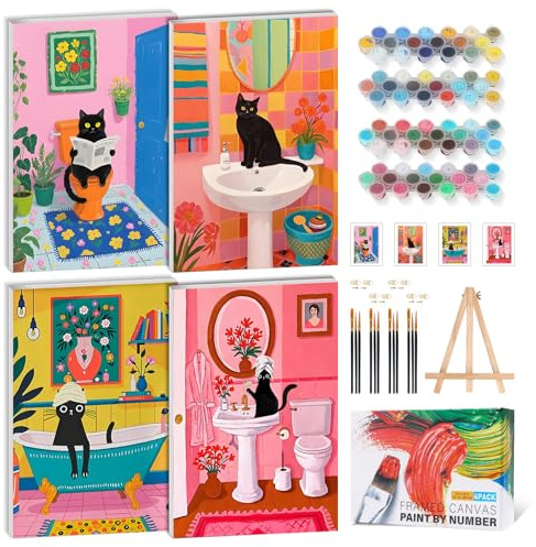GEEHEIY 4 Pack Paint by Numbers for Adults with Frame, Cat Painting Kit | DIY Acrylic Painting Craft for Beginners, with Wooden Easel, Relaxing Craft, Funny Cat Wall Decor, Gift Idea, 8 x 12 inch