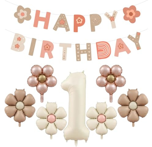 Kit de décoration d'anniversaire avec guirlande de marguerites Happy Birthday, décoration d'anniversaire de 1 an, pour fille et garçon, ballons décoratifs pour le 1er anniversaire, guirlande