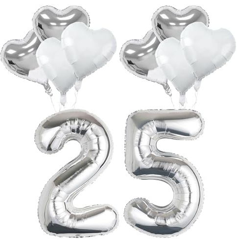 Silberhochzeit Deko, 25 Jahre Silberhochzeit Luftballons Set, 25. Silber Folienballon Zahl mit Herz Folienballon Innen Außen für Silberne Hochzeitstag Jubiläum Feier Geburtstag Deko